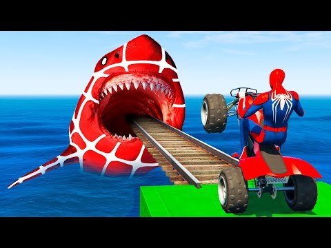 GTA  Crazy Ragdolls  Spiderman by Quad Bike On Rainbow Spiders Bridge Spider Shark Jumps - KeFresH thumbnail